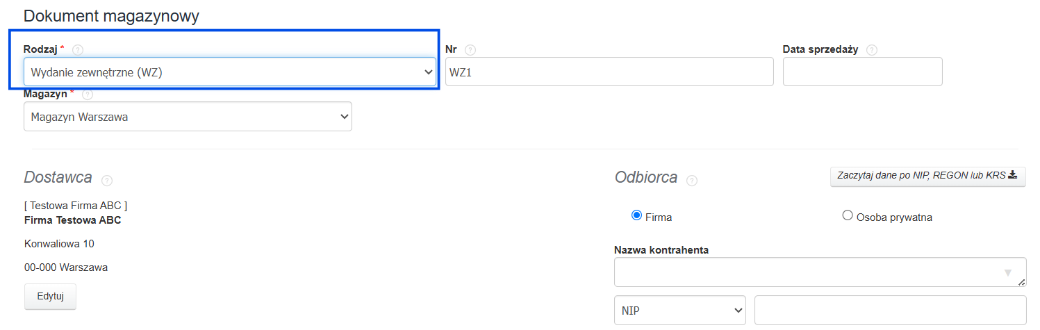 Formularz tworzenia dokumentu magazynowego z wybraną opcją WZ w polu rodzaj.