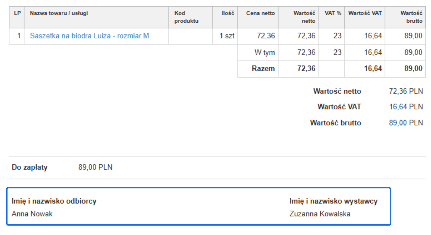 Podsumowanie faktury z pozycją „Saszetka na biodra Luiza - rozmiar M”, wartością brutto 89,00 PLN oraz danymi odbiorcy i wystawcy.