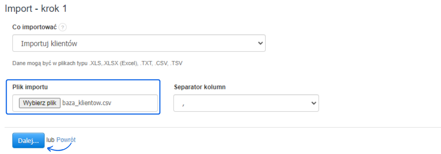 Zrzut ekranu przedstawiający pierwszy krok importu klientów do systemu, z wybranym plikiem bazy klientów w formacie CSV oraz możliwością wyboru separatora kolumn.