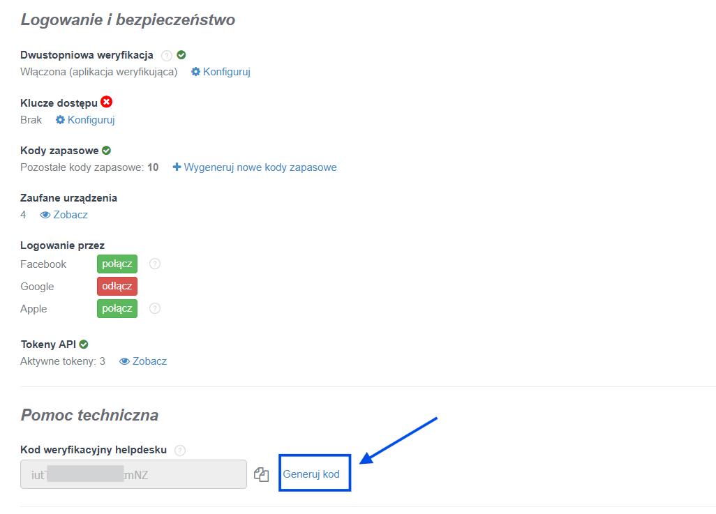 Podsumowanie informacji w profilu użytkownika z możliwością aktywowania połączeń do logowania lub wysyłki oraz wygenerowania kodu weryfikacyjnego dla helpdesku.