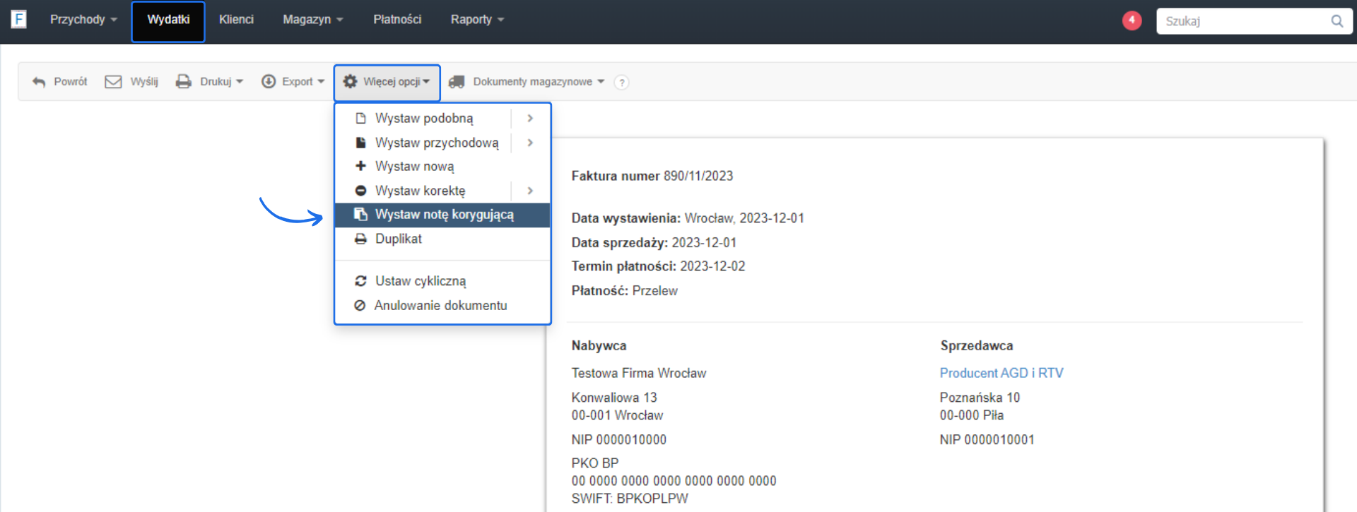 wystawienie noty korygującej z poziomu wydatku