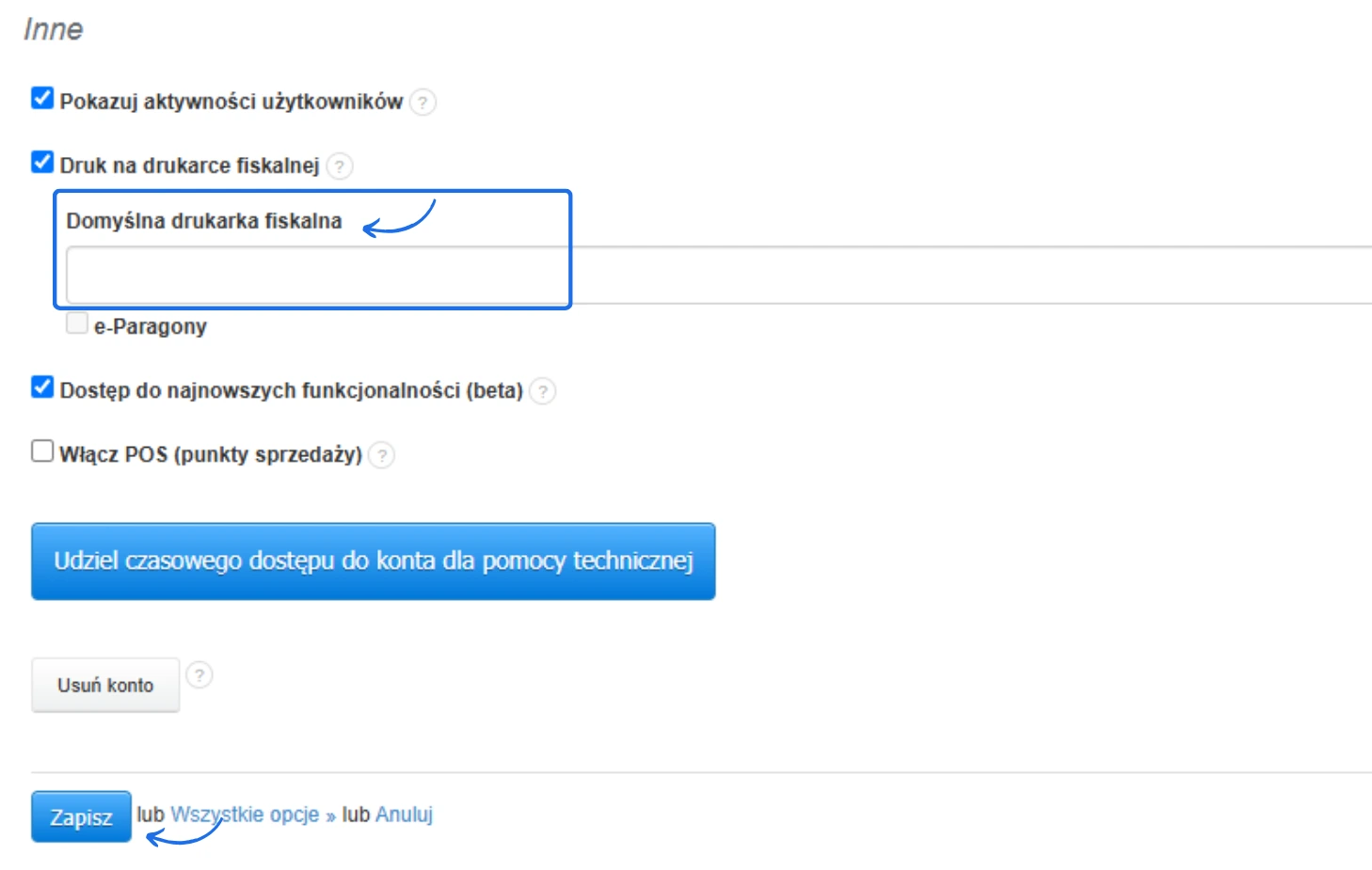 Ustawienia systemu z opcją wyboru domyślnej drukarki fiskalnej i aktywacji funkcji e-Paragon dla użytkowników.