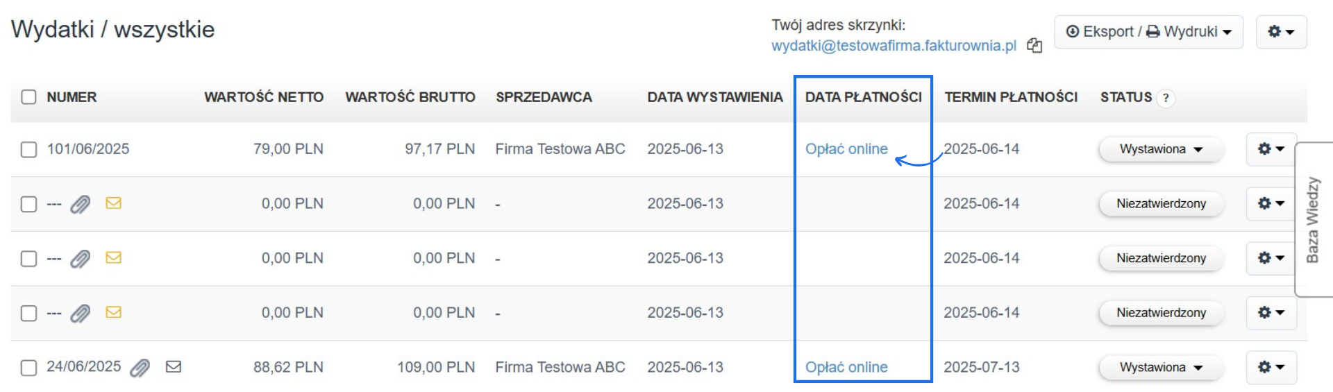 Obrazek przedstawiający listę wydatków w systemie Fakturownia z opcją "Opłać online" dla niektórych faktur oraz adresem skrzynki odbiorczej na wydatki.