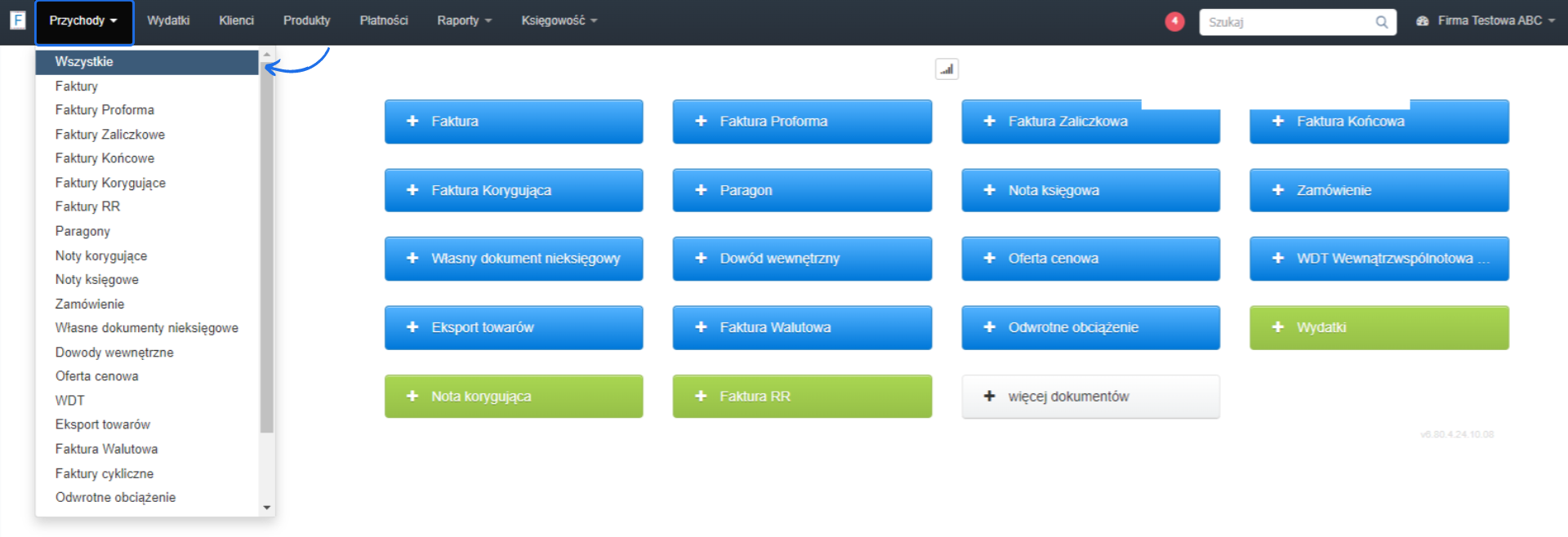 Panel główny Fakturowni z menu rozwijanym 'Przychody', pokazującym różne typy dokumentów przychodowych, takie jak faktury, paragony, zamówienia.