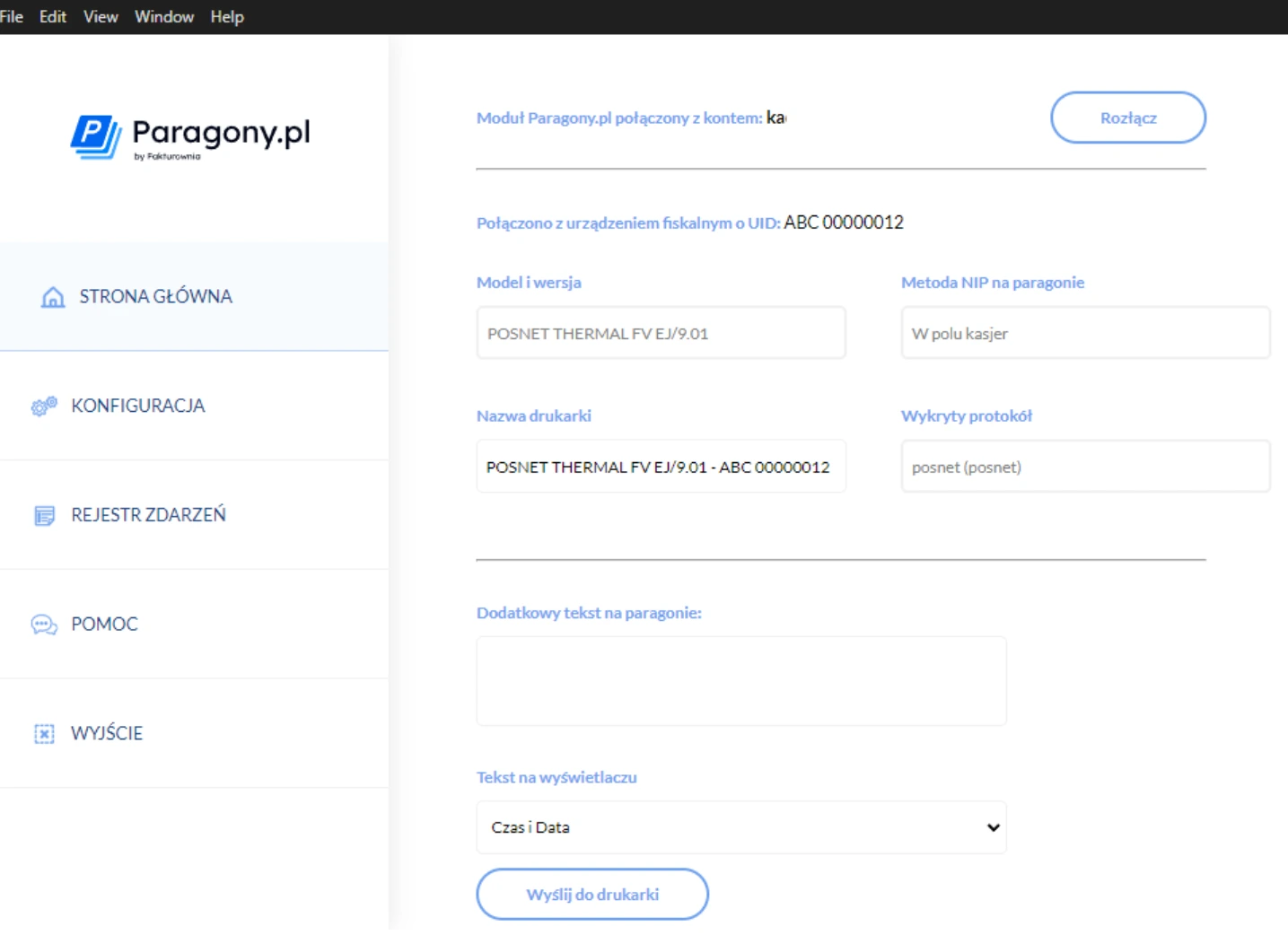 Panel ustawień Paragony.pl z informacjami o drukarce fiskalnej POSNET, metodzie NIP na paragonie i opcjami edycji tekstu na wyświetlaczu.