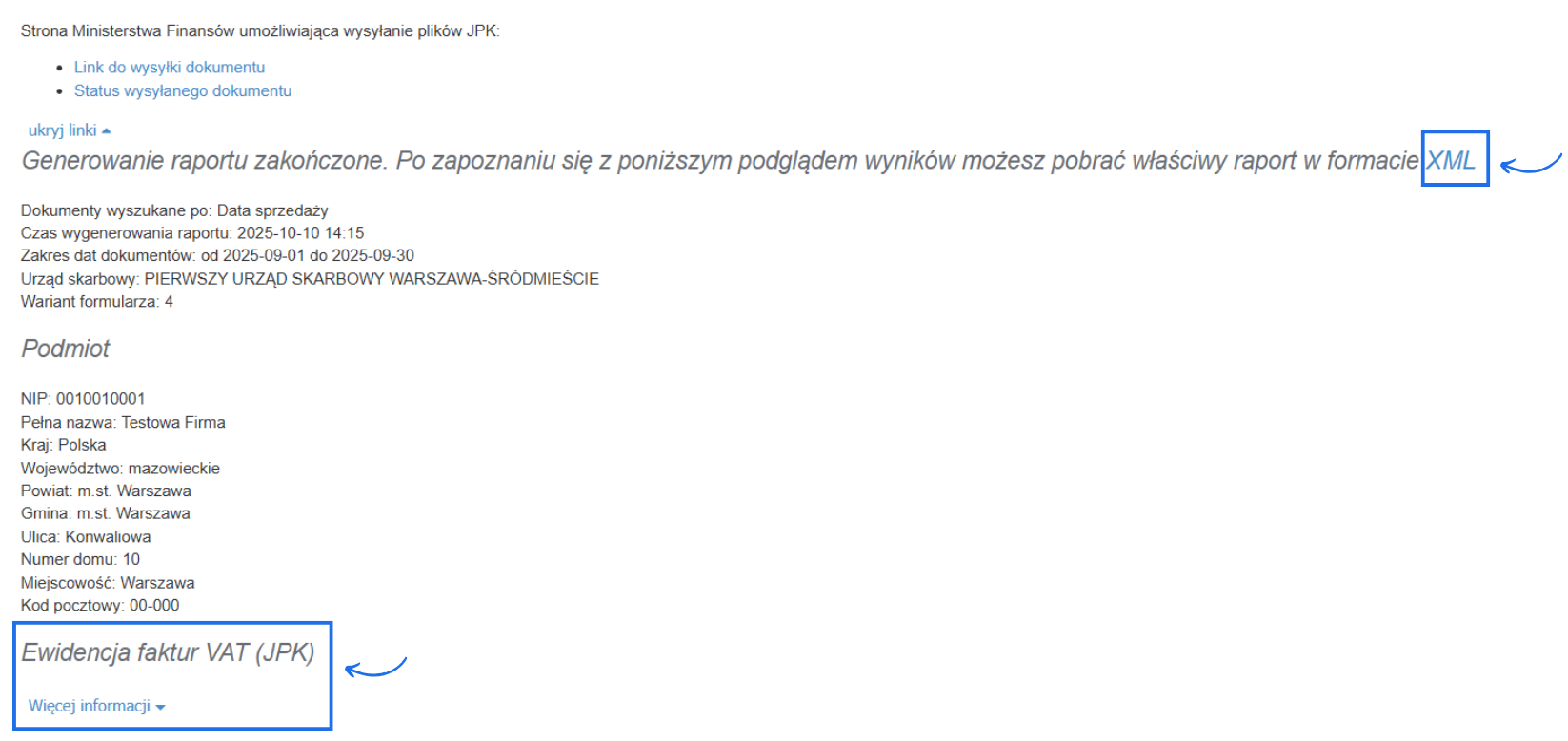 Podsumowanie generowanego w systemie Fakturownia pliku JPK_FA z możliwością pobrania XML i weryfikacji ewidencji faktur VAT.