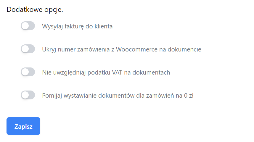Dodatkowe opcje dla dokumentów w WooCommerce, w tym wysyłanie faktury do klienta, ukrywanie numeru zamówienia, nie uwzględnianie VAT i pomijanie dokumentów dla zamówień na 0 zł.