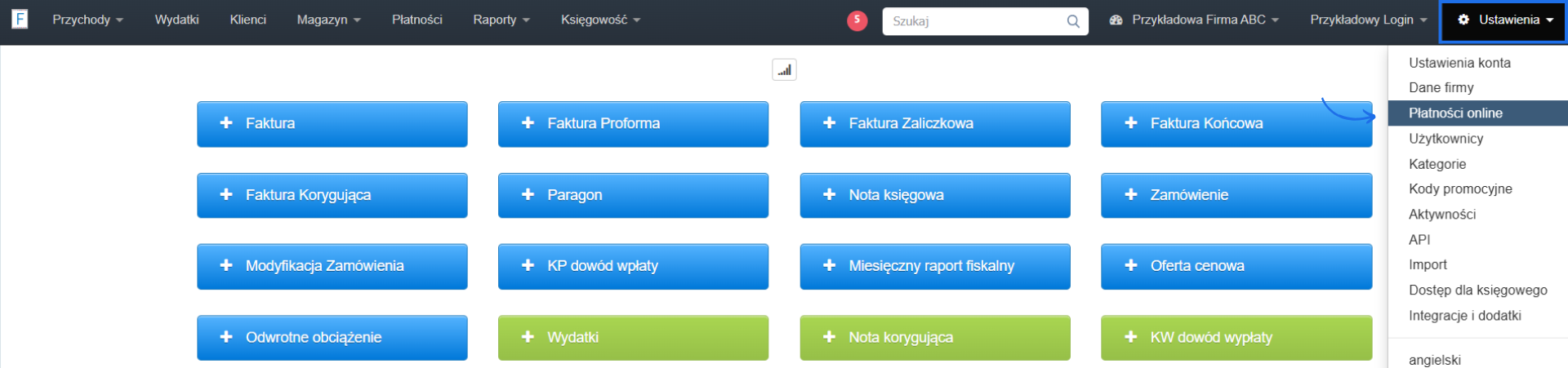 Strona główna konta w systemie Fakturownia z przyciskami do wystawiania dokumentów oraz aktywną zakładką ustawień w tym ustawień płatności online.