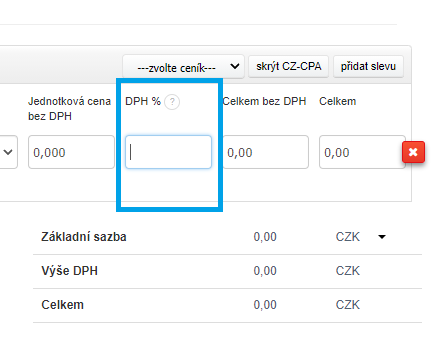 Polozka na fakture - bez DPH