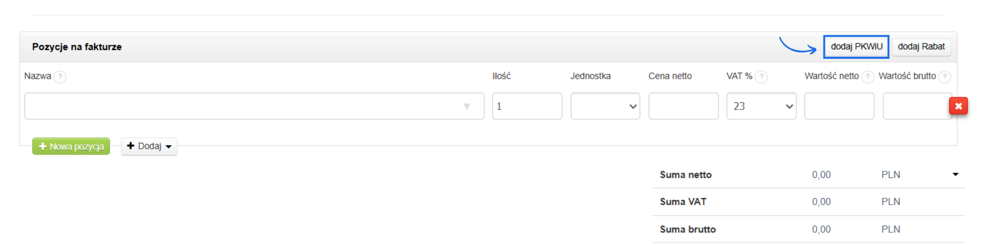 Formularz faktury z opcjami dodania pola PKWiU jako dodatkowego pola na pozycjach faktury.