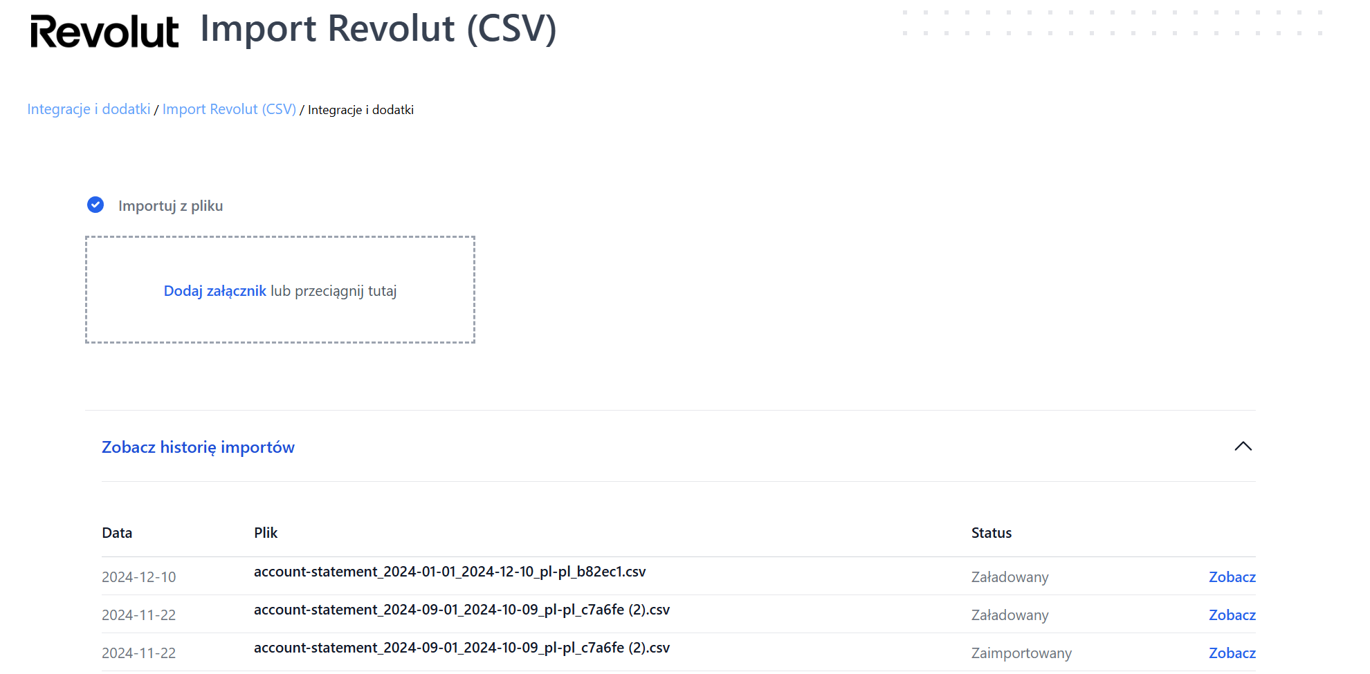 Ekran importu plików CSV Revolut z sekcją dodawania załączników i historią importów zawierającą daty, nazwy plików i statusy operacji.