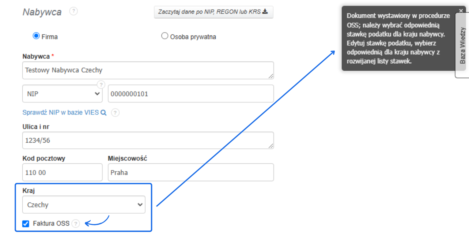 Formularz wprowadzania danych nabywcy z opcją wystawienia faktury OSS, wskazujący na wybór kraju i stawki podatku VAT.