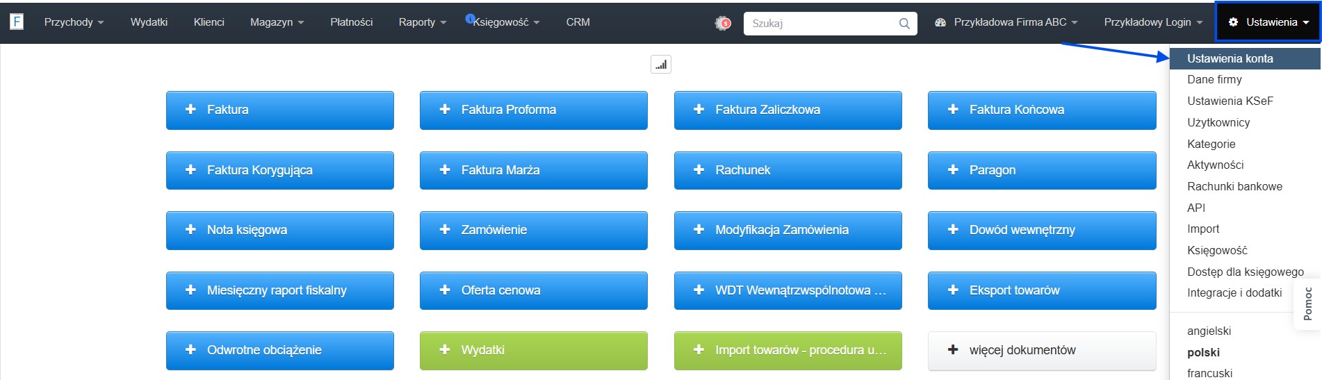 Główny panel systemu Fakturownia z przyciskami do wystawiania dokumentów i aktywną zakładką ustawienia.