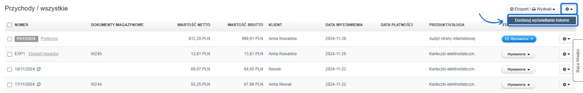 Lista dokumentów przychodowych w systemie księgowym z opcją 'Dostosuj wyświetlanie kolumn' oraz szczegółami transakcji i statusami.