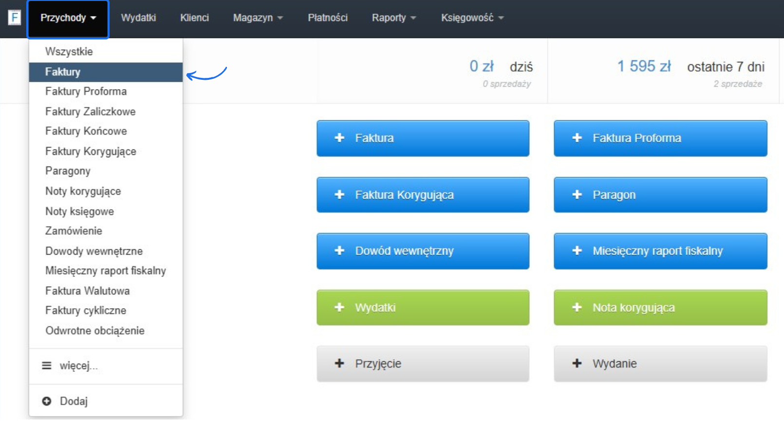 Panel zarządzania przychodami w Fakturownia, z rozwiniętym menu wyboru dokumentów księgowych, w tym faktur, paragonów i not korygujących.