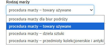 Pole rodzaj marży dostępne na fakturach VAT marża z wybraną opcją procedura marży - towary używane.