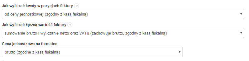 Opcje faktury: wyliczanie kwot od ceny jednostkowej, sumowanie brutto z wyliczeniem netto i VAT, cena jednostkowa brutto zgodnie z kasą fiskalną.