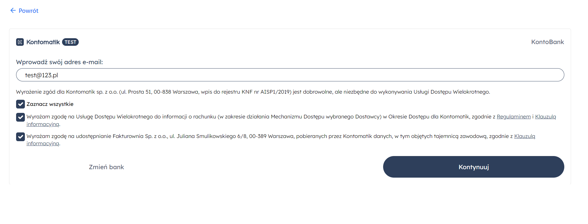 Strona Kontomatik z formularzem wprowadzania adresu e-mail i wyrażenia zgód na udostępnianie informacji o rachunkach bankowych.