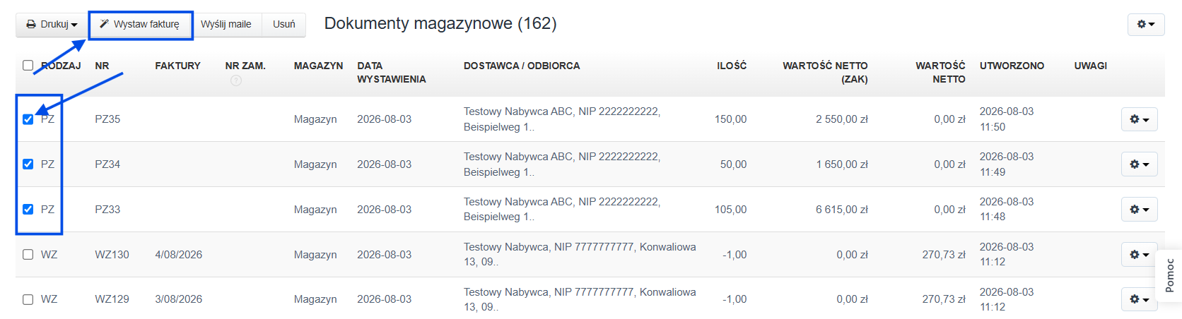 Lista dokumentów magazynowych z zaznaczonymi wieloma PZ i aktywną opcją wystaw fakturę kosztową.