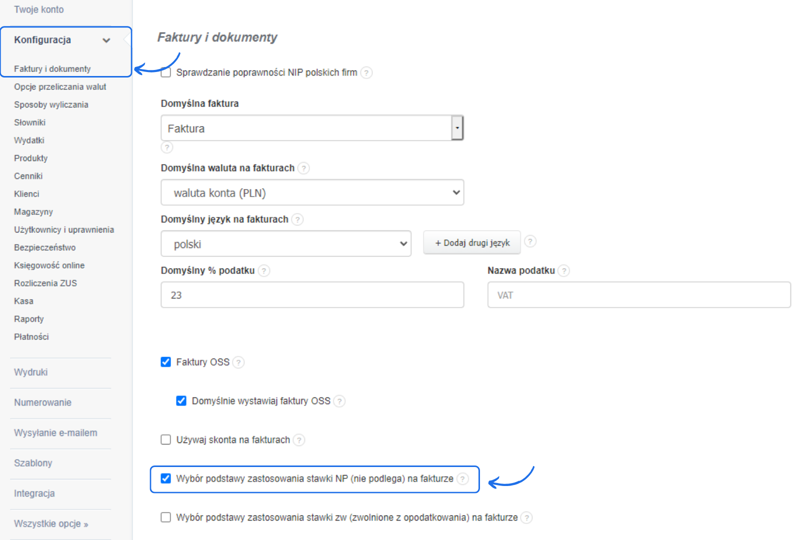 Panel konfiguracji faktur i dokumentów z zaznaczoną opcją wyboru podstawy zastosowania stawki NP (nie podlega) na fakturze.