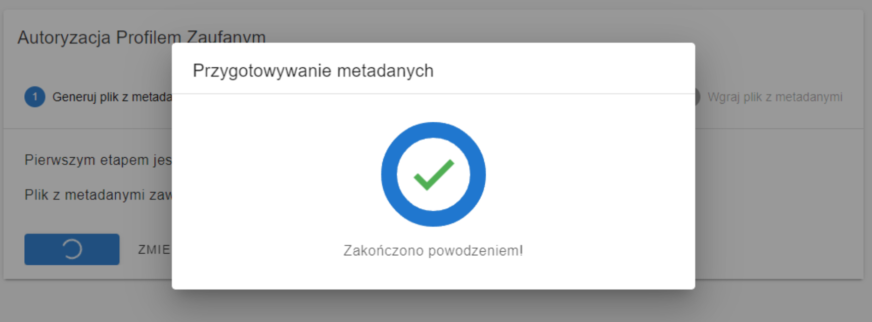 Potwierdzenie zakończenia przygotowywania metadanych z komunikatem 'Zakończono powodzeniem' i zielonym znacznikiem akceptacji.