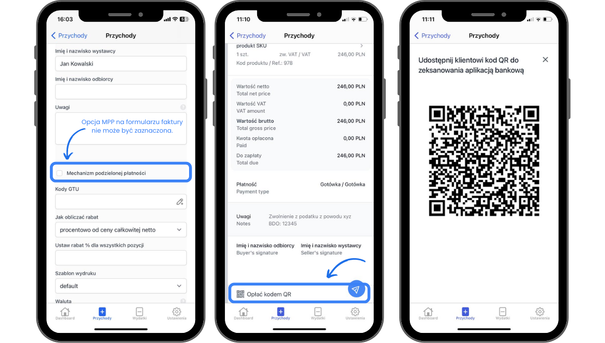 Zrzuty ekranu z aplikacji mobilnej Fakturowni pokazujące działanie kodu QR w aplikacji mobilnej.