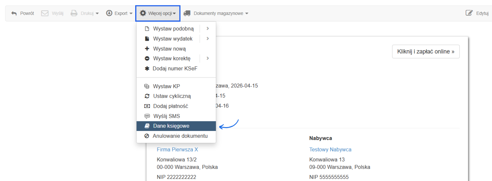Dodatkowe opcje, w tym dane księgowe, z poziomu podglądu faktury VAT marża.
