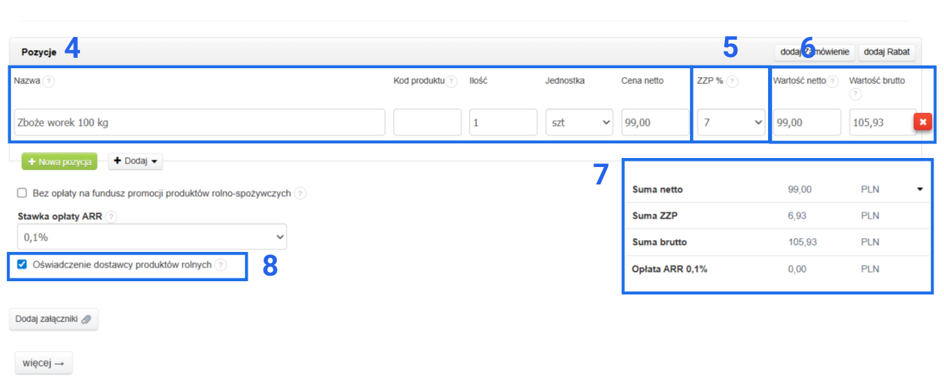 Formularz tworzenia faktury VAT RR z zaznaczonymi istotnymi polami w tym pozycjami, stawką ZZP, podsumowaniem i oświadczeniem.