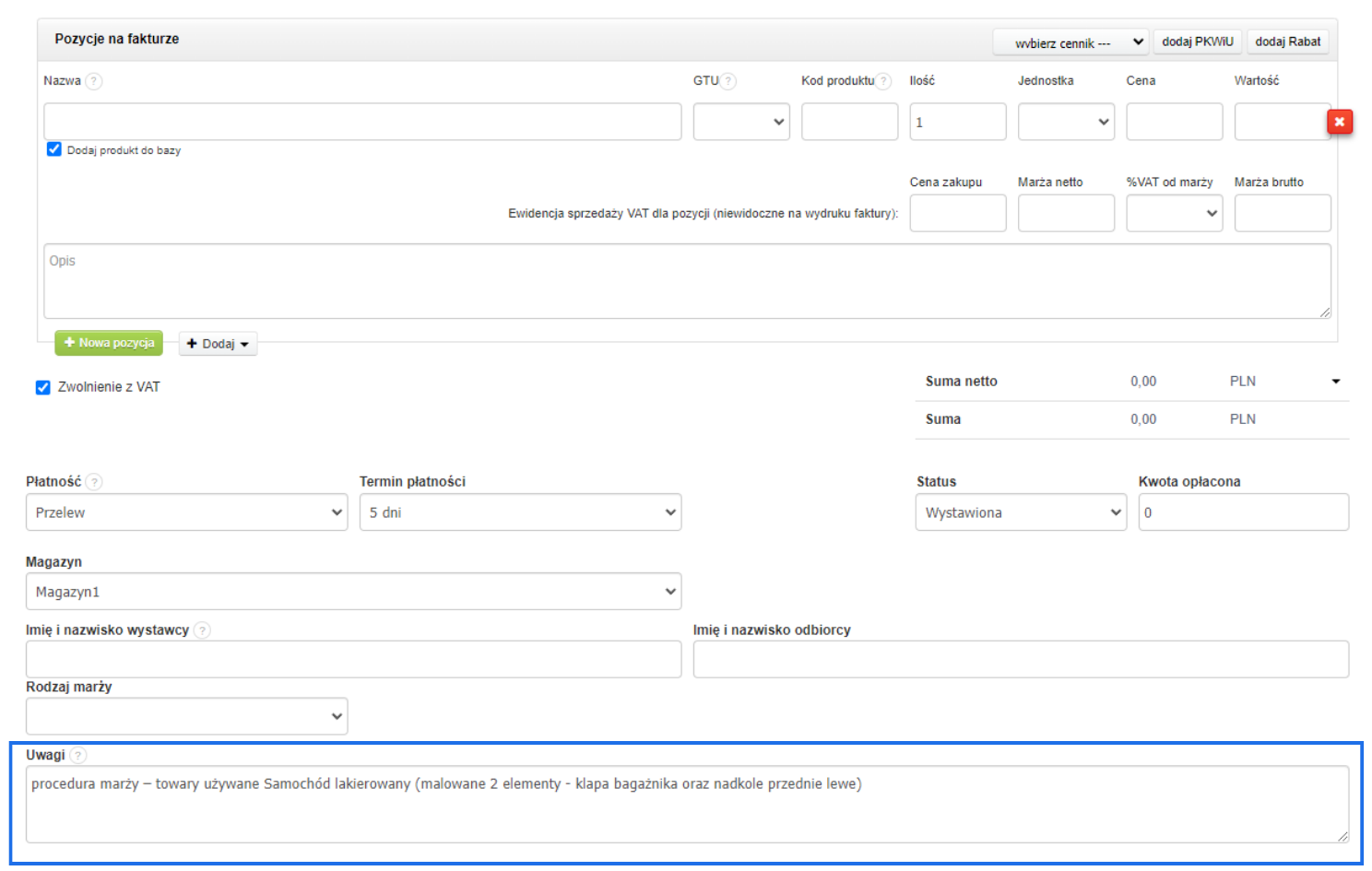 Formularz tworzenia nowej faktury z ustawieniem procedury marży, uwagami o używanym samochodzie lakierowanym i szczegółami płatności.
