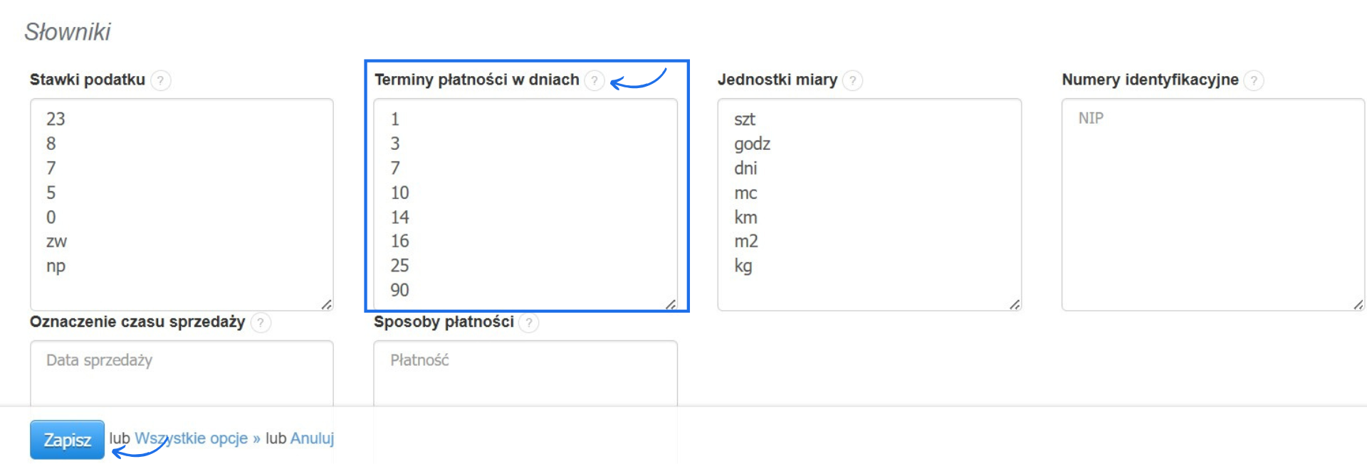 Lista terminów płatności zdefiniowana przez użytkownika w ustawieniach konta w systemie do wystawiania faktur.