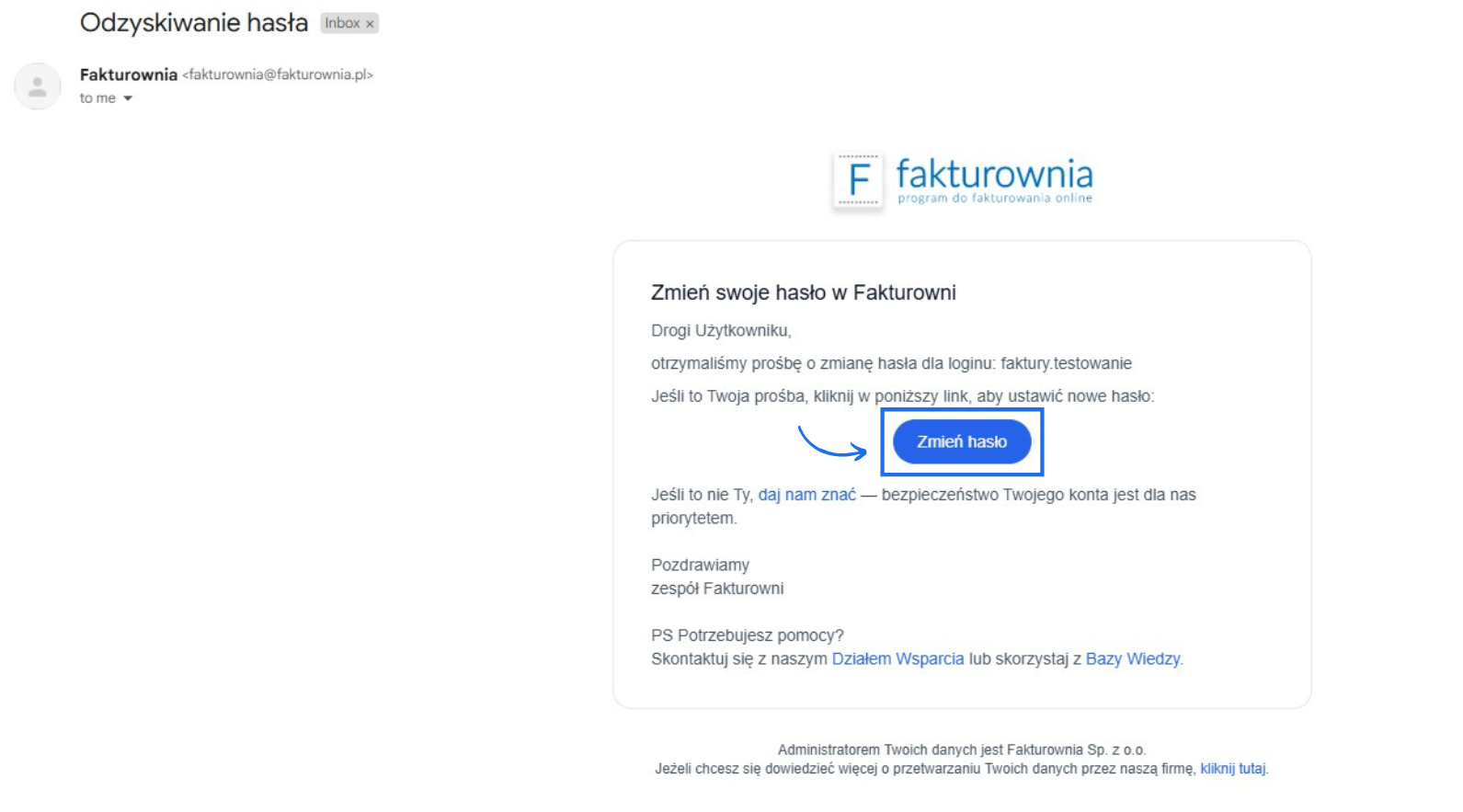 Wiadomość e-mail z Fakturowni z prośbą o zmianę hasła i niebieskim przyciskiem „Zmień hasło”.