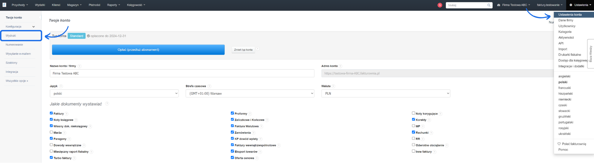 Panel ustawień konta w aplikacji fakturowej z zaznaczoną sekcją 'Wydruki', opcjami wyboru dokumentów oraz menu rozwijanym 'Ustawienia konta'.