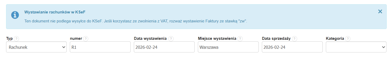 Komunikat systemowy w formularzu tworzenia rachunku traktujący o rachunku w kontekście KSeF.