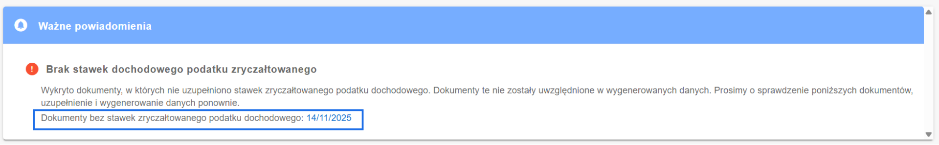 Komunikat systemowy widoczny w raporcie JPK EWP, który wskazuje braki oznaczeń stawki ryczałtu na dokumentach wystawionych dla firmy, której raport dotyczy w tym faktury 14/11/2025.