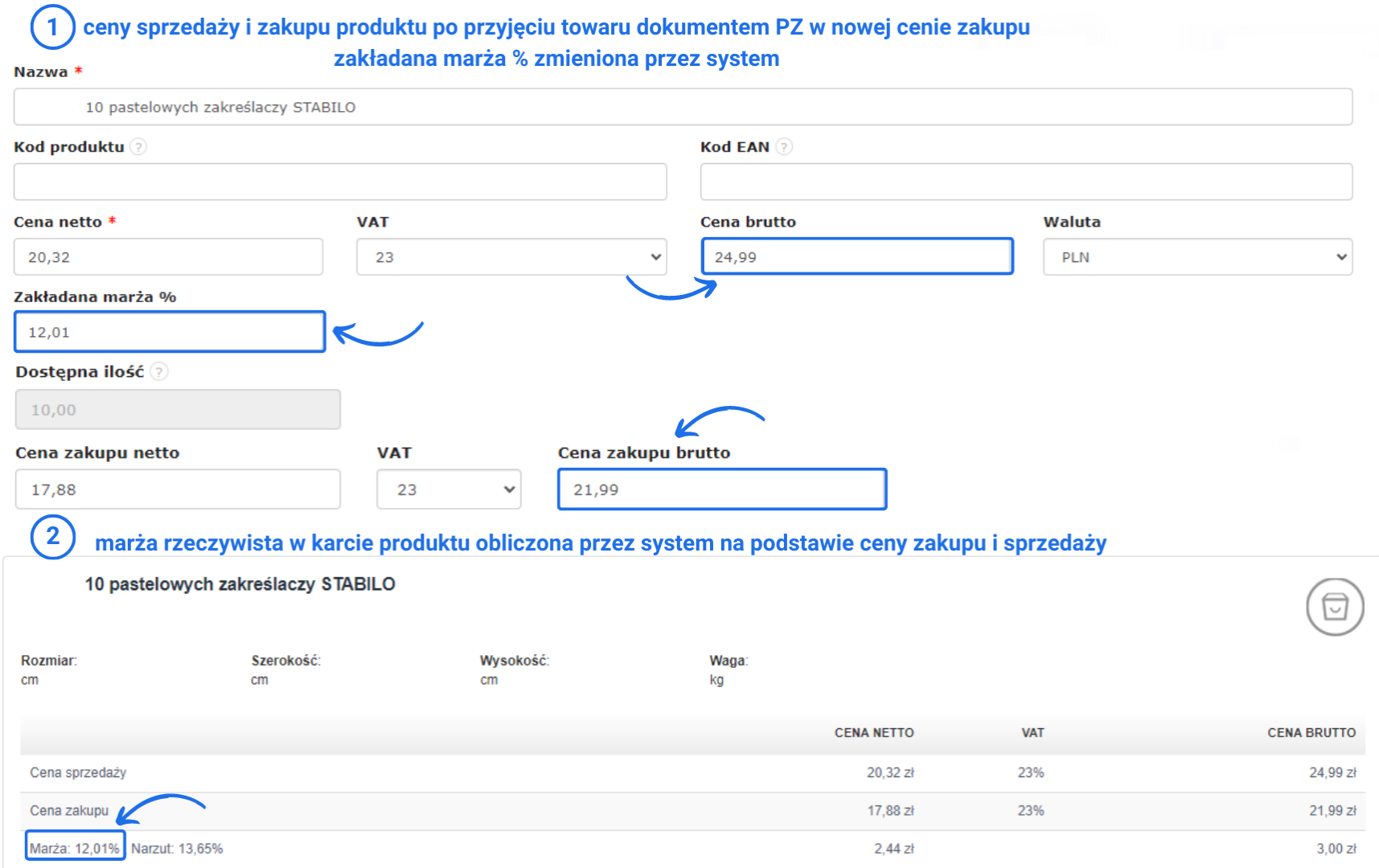 Zmiana marży w karcie produktu po przyjęciu PZ z nową ceną zakupu netto 17,88 zł dla zakreślaczy STABILO, marża 12,01%.