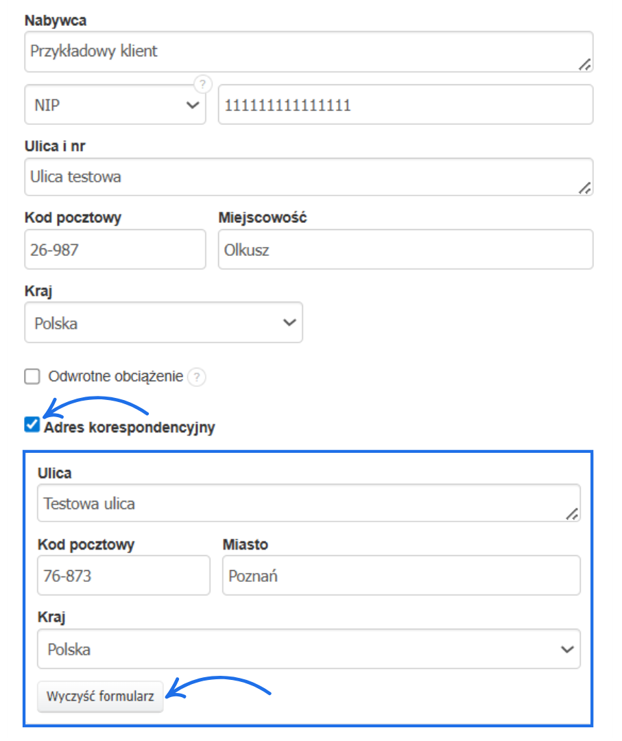 Formularz edycji klienta z zaznaczoną opcją „Adres korespondencyjny” i wypełnionym adresem w Poznaniu.