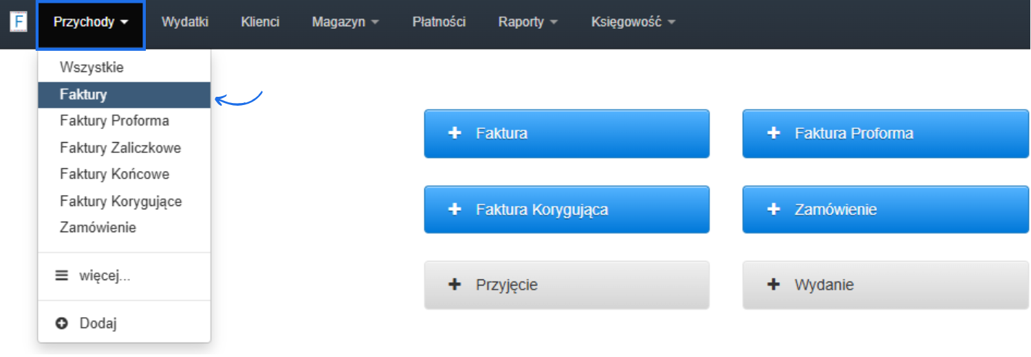 Menu główne programu do fakturowania z rozwiniętą zakładką „Przychody” i zaznaczoną opcją „Faktury” po lewej stronie.
