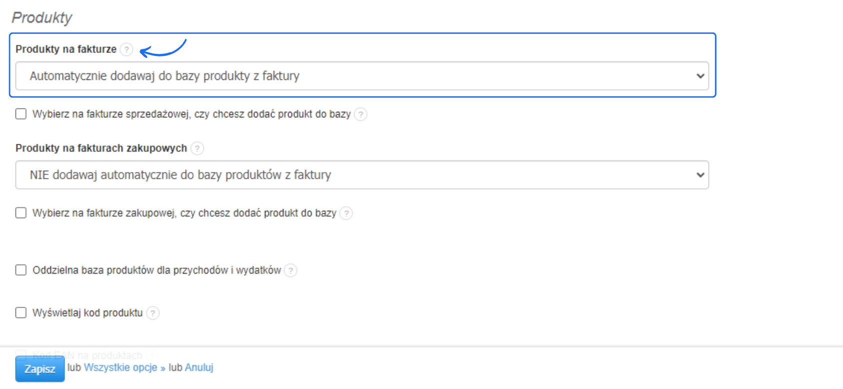 Ustawienia produktów na fakturach sprzedażowych, z zaznaczoną opcją automatycznego dodawania produktów do bazy z faktury, oraz przyciskiem 'Zapisz'.