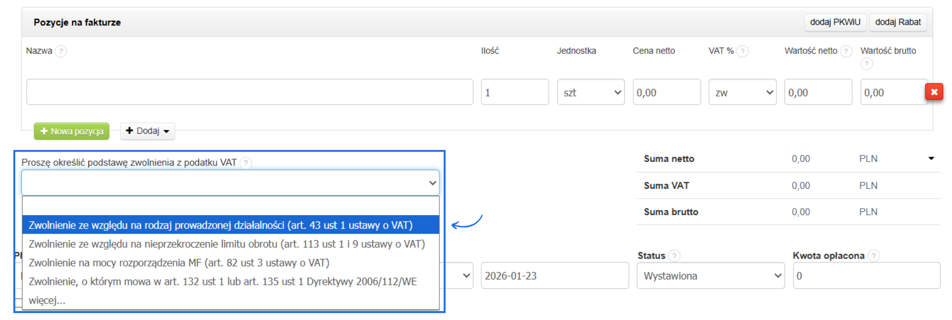 Formularz faktury: wybór pozycji, opcja zwolnienia z VAT, pole do określenia podstawy zwolnienia z VAT, wybrana podstawa zwolnienia z VAT.