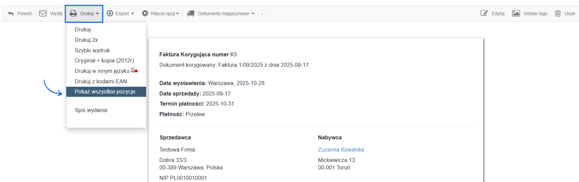 Podgląd faktury korygowanej w systemie Fakturownia z aktywną zakładką drukuj w menu podręcznym i dostępną opcją przywrócenia widoku domyślnego, czyli wszystkich pozycji na korekcie.