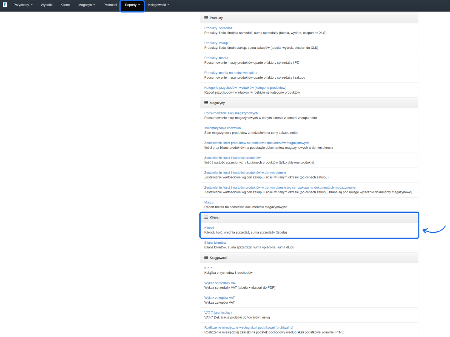 Ekran wyboru raportów w systemie księgowym z zaznaczoną sekcją dotyczącą raportów klientów, takich jak średnia sprzedaż i suma sprzedaży.