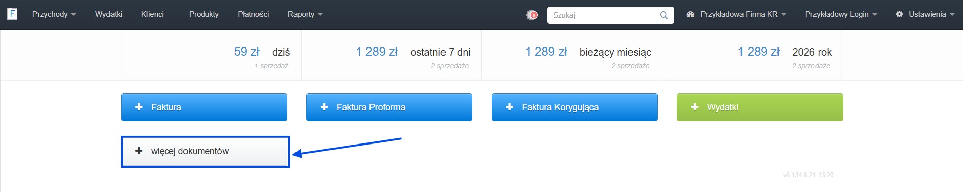Strona główna nowego konta w systemie Fakturownia z aktywną opcją faktura, proforma i korekta oraz więcej dokumentów.