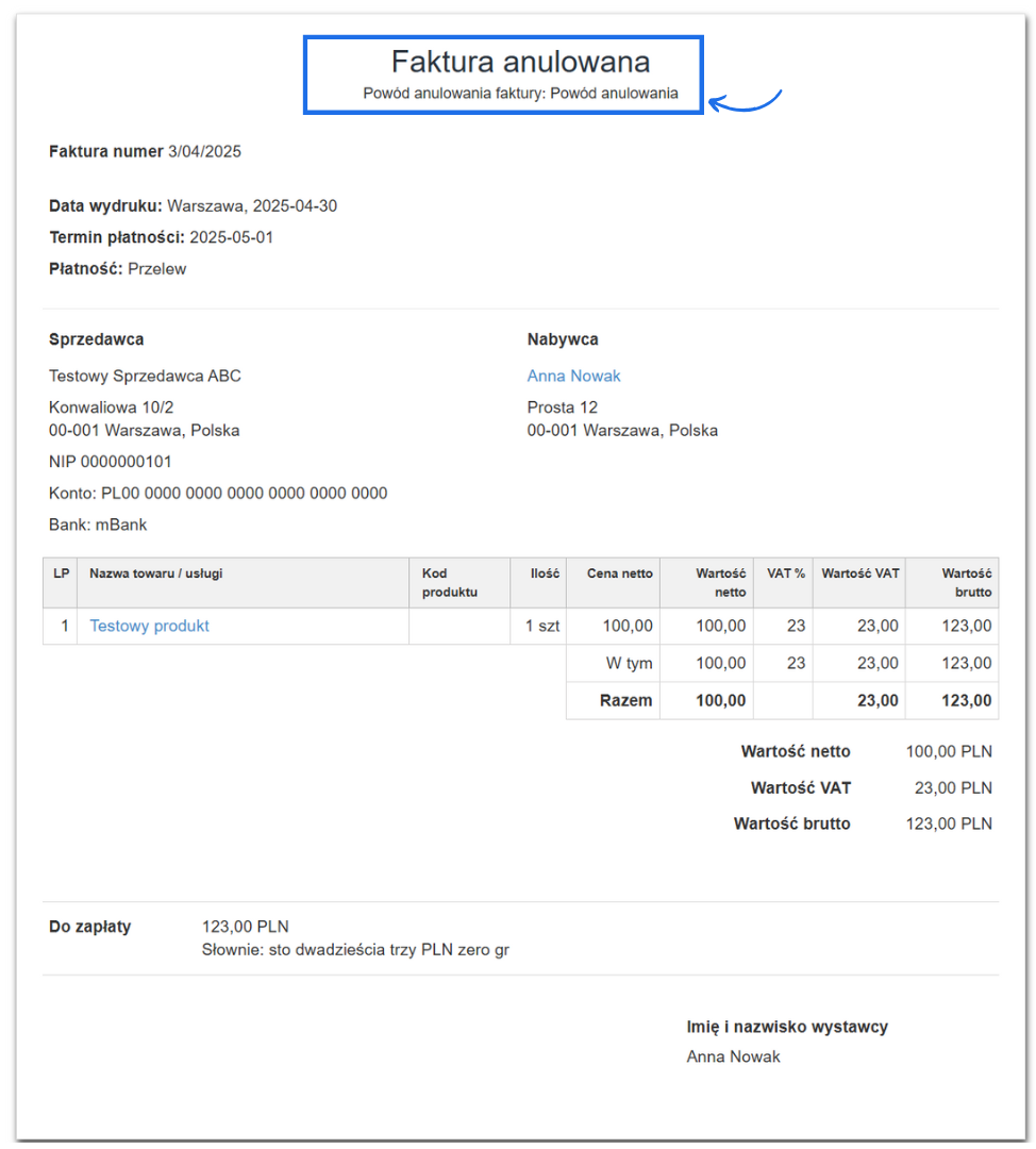 Podgląd anulowanej faktury z nagłówkiem „Faktura anulowana” i powodem anulowania wyświetlonym nad szczegółami dokumentu.