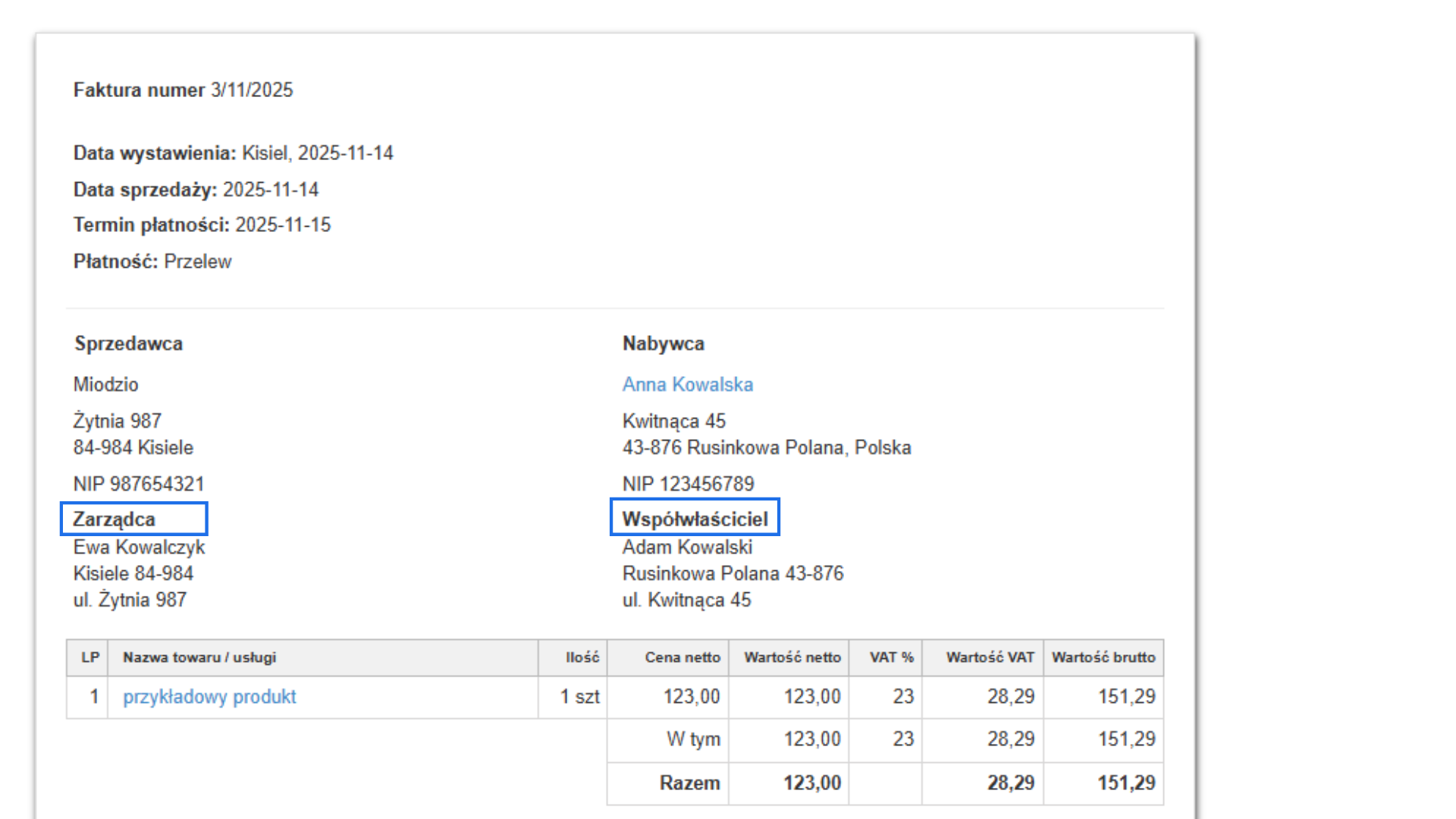 Faktura z oznaczeniem „Zarządca” przy sprzedawcy i „Współwłaściciel” przy nabywcy oraz pozycją produktu z VAT 23%
