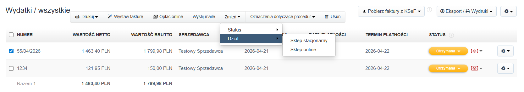 Lista faktur kosztowych z opcją ręcznej zmiany działu.
