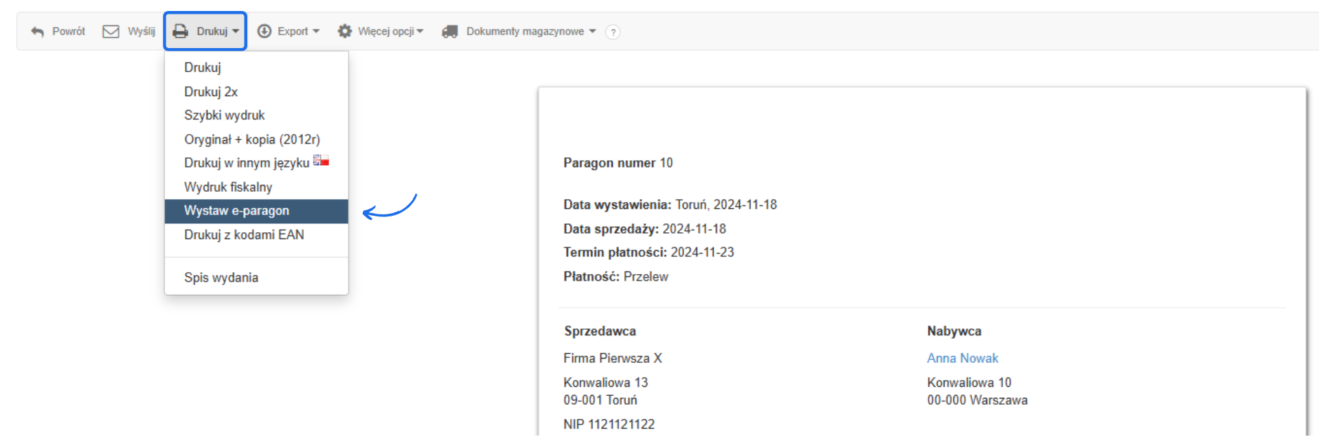 Menu wystawiania dokumentów z opcją 'Wystaw e-paragon' dla paragonu numer 10, z danymi sprzedawcy i nabywcy na podglądzie dokumentu.