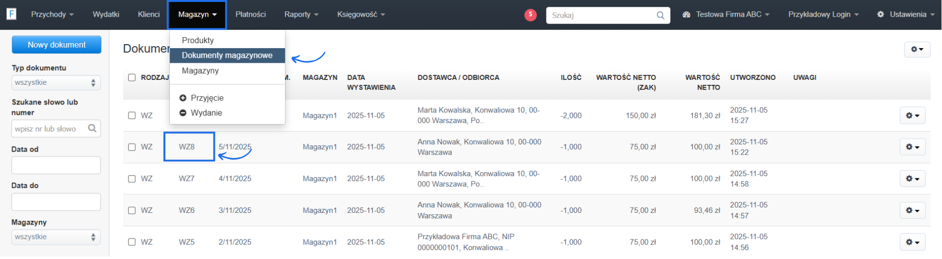 Lista dokumentów magazynowych na koncie w Fakturowni z zaznaczonym na liście dokumentem WZ8 oraz szczegółami dokumentów dostępnyc na liście.