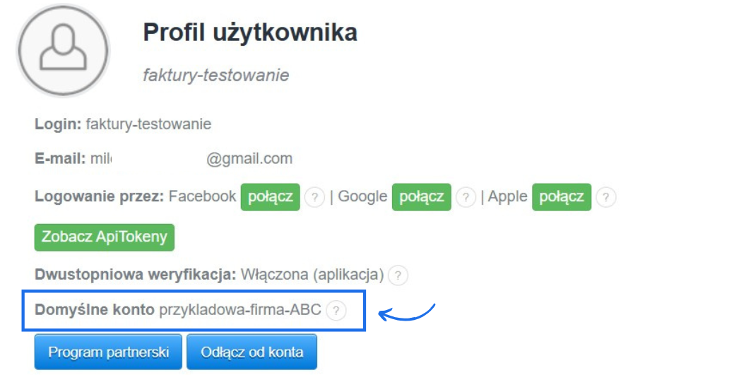 Profil użytkownika z ustawionym domyślnym kontem, które system ma otwierać po zalogowaniu do systemu fakturowania online.