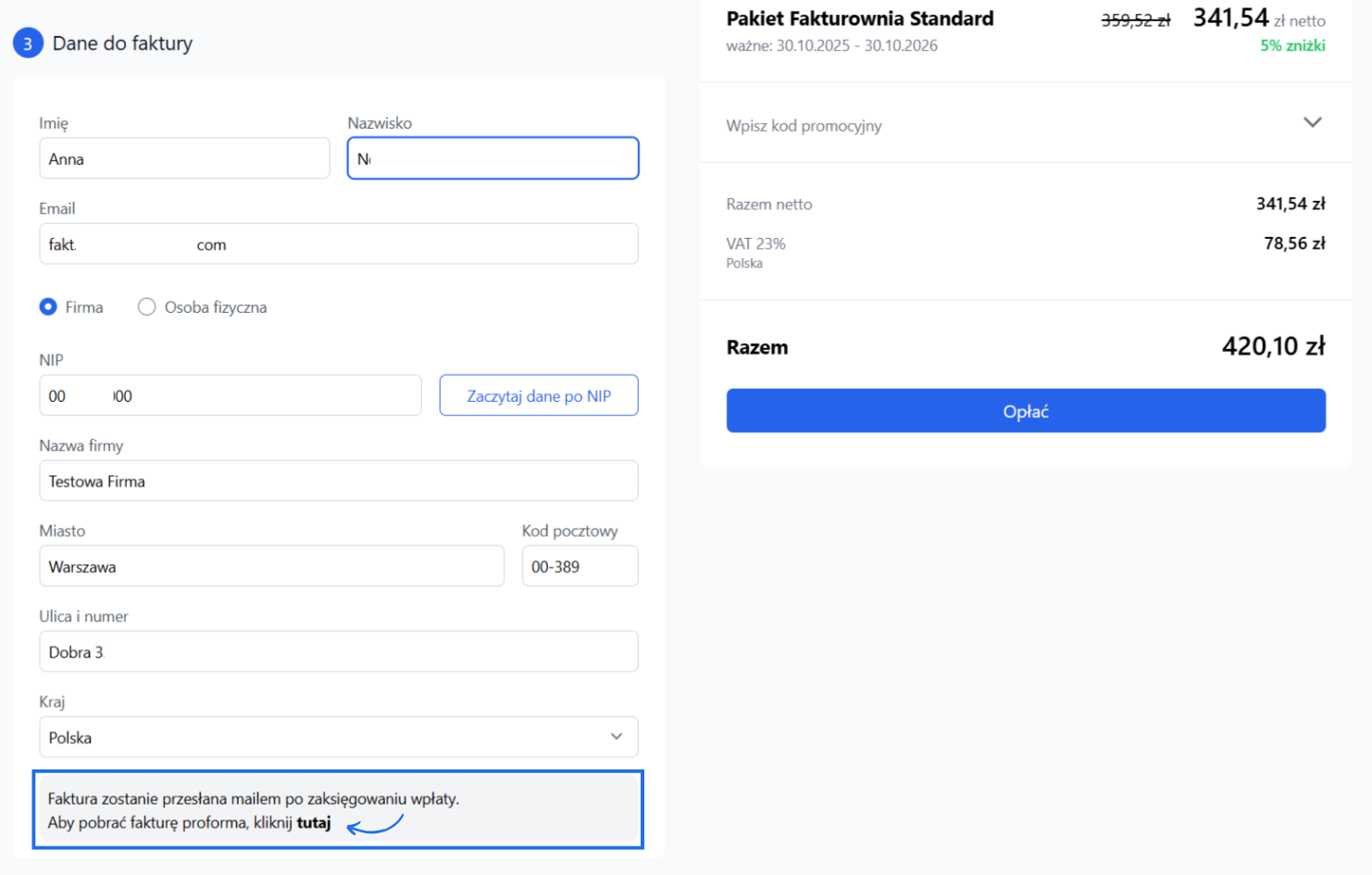 Formularz płatności z podsumowaniem oraz miejscem do uzupełnienia danych firmy do faktury VAT za zakupioną usługę oraz możliwością pobrania proformy.