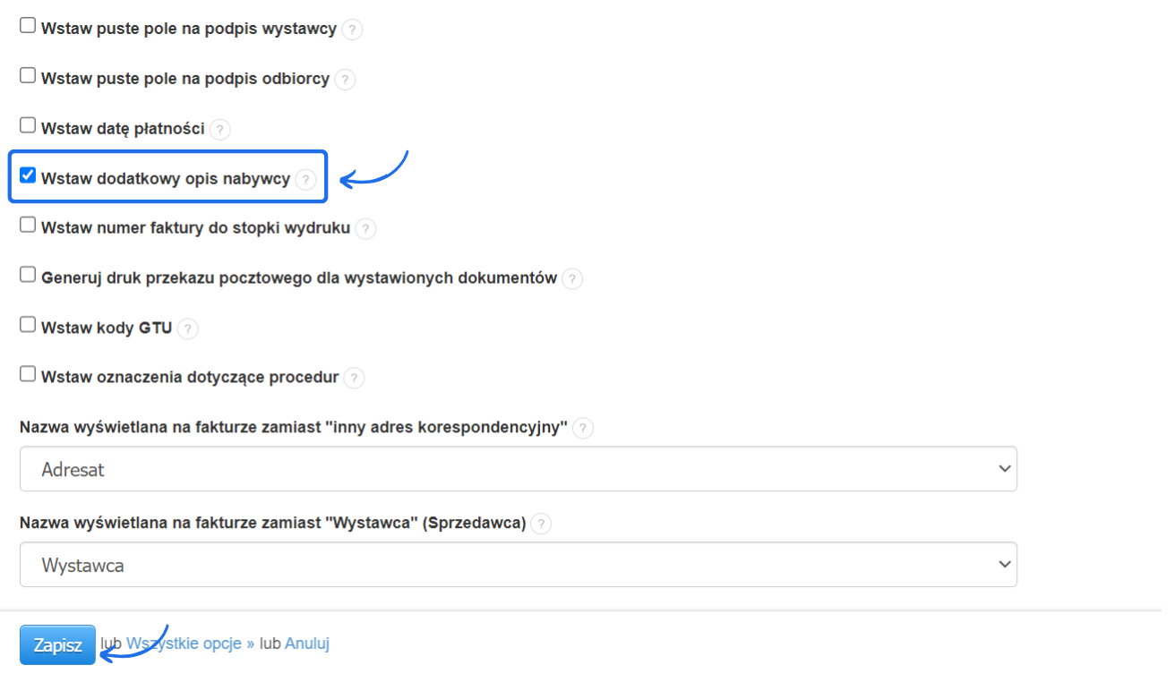 Lista opcji w systemie do fakturowania, gdzie można aktywować wyświetlanie dodatkowe opisu w danych nabywcy na wystawianych fakturach. 
